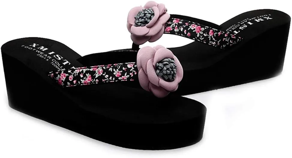 MIOKE Women's Wedge High Heel Flipflops Sandals Flower Platform Nonslip Comfort Summer Beach Thong Sandal