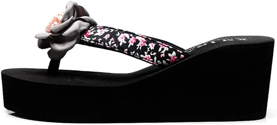 MIOKE Women's Wedge High Heel Flipflops Sandals Flower Platform Nonslip Comfort Summer Beach Thong Sandal