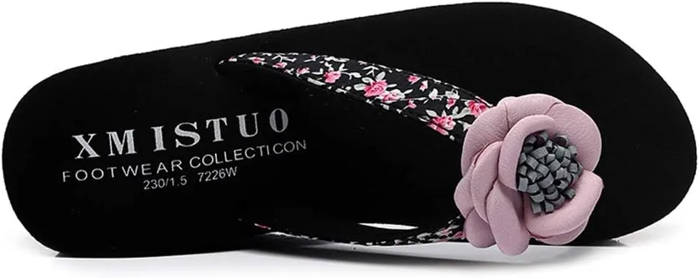 MIOKE Women's Wedge High Heel Flipflops Sandals Flower Platform Nonslip Comfort Summer Beach Thong Sandal
