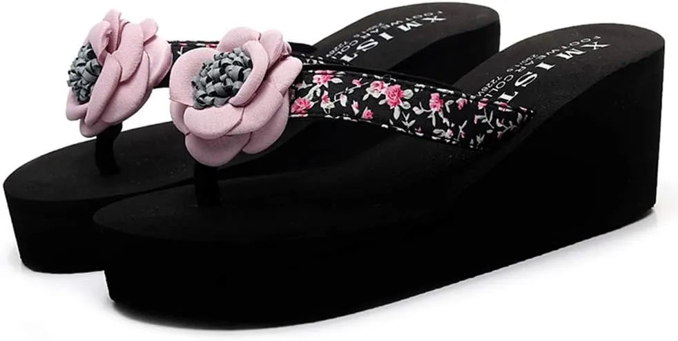 MIOKE Women's Wedge High Heel Flipflops Sandals Flower Platform Nonslip Comfort Summer Beach Thong Sandal