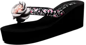 MIOKE Women's Wedge High Heel Flipflops Sandals Flower Platform Nonslip Comfort Summer Beach Thong Sandal