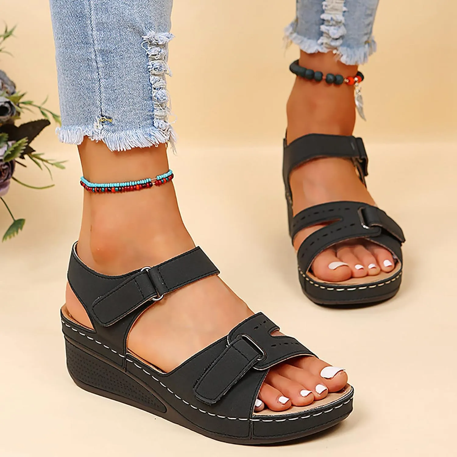 Sandals for Women 2025, Soft & Stylish Wedge Sandals for Effortless Comfort Leather Orthopedic Platform Arch Support Shoes