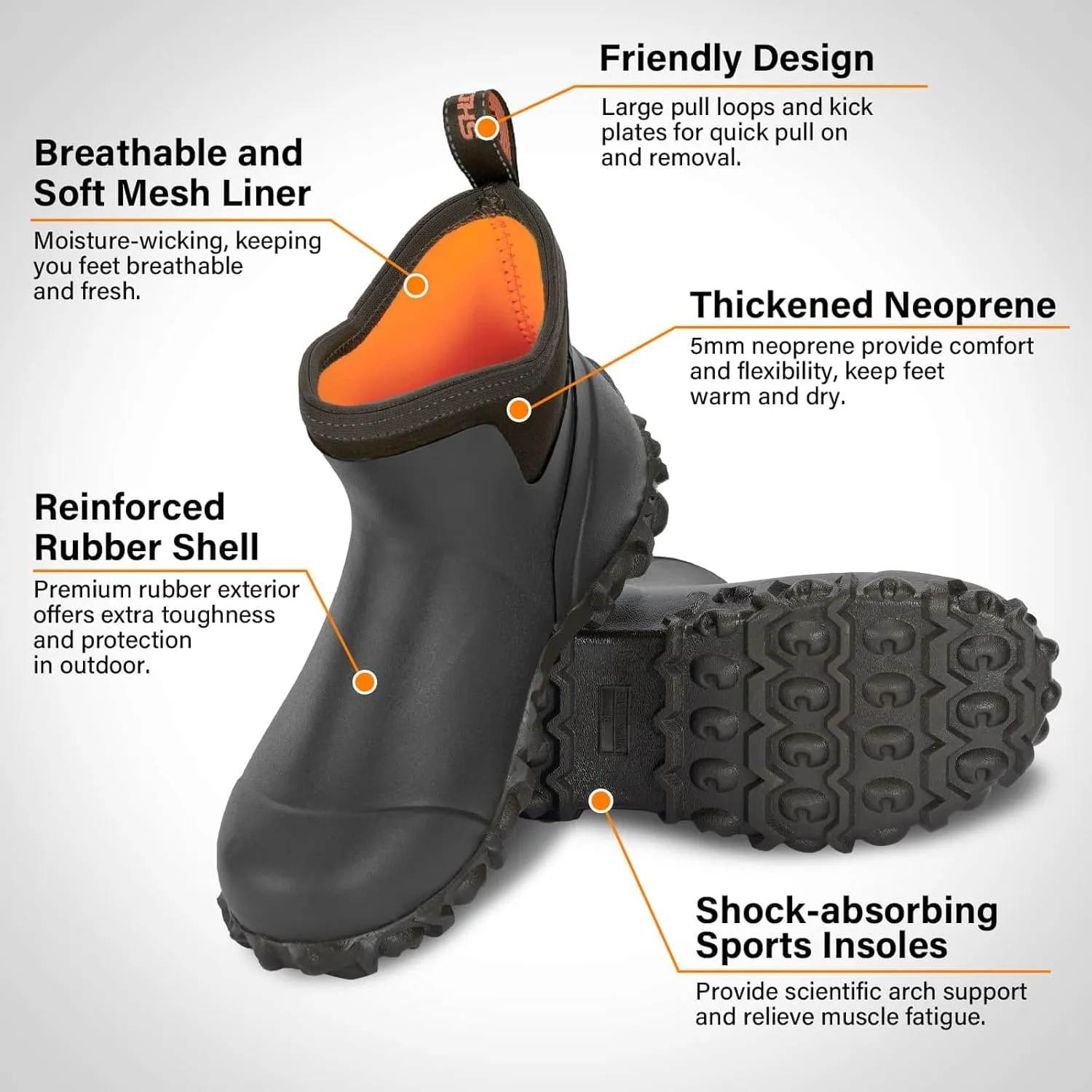 Showave Men's Ankle Rain Boots Waterproof Rubber Garden Boots Durable Slip on Rain Shoes for Outdoor Mud Yard Chore