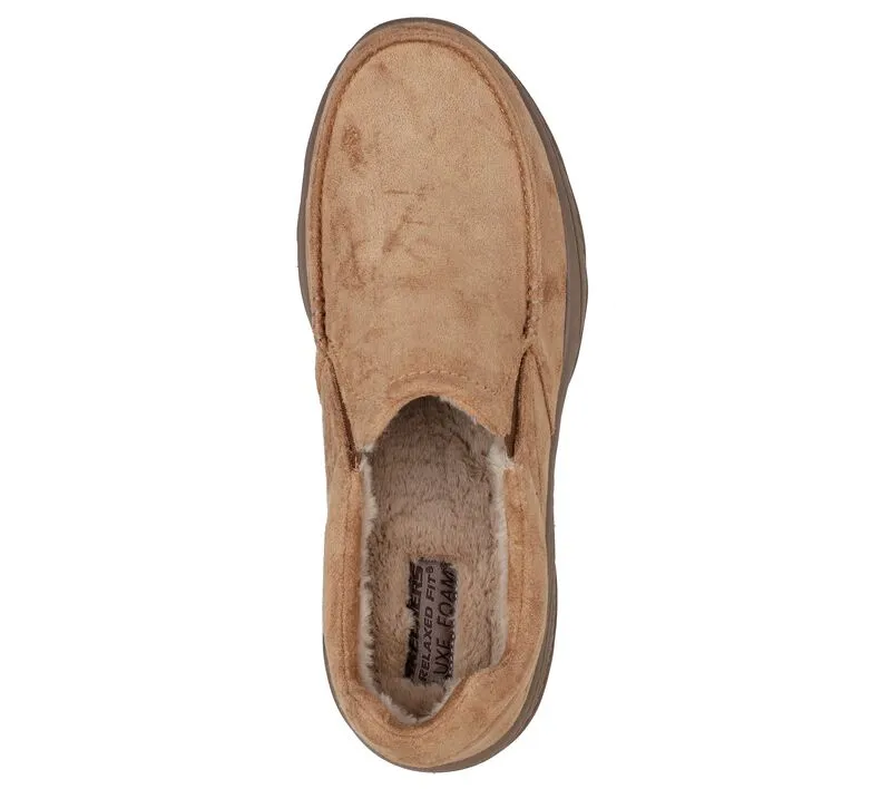 Skechers Creston Garvis Tan Slip On Rounded Toe Faux Fur Lining Classic Loafers