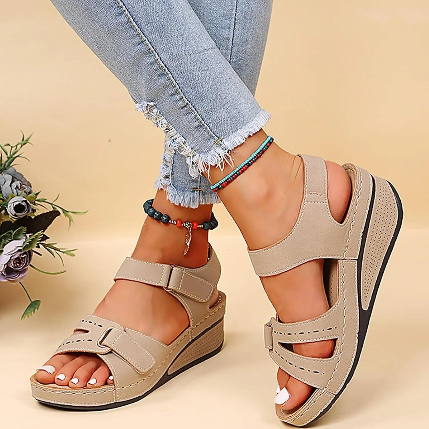 Soft & Stylish Wedge Sandals, 2025 Leather Orthopedic Walking Platform Sandals, Wide Wedge Sandal with Arch Support