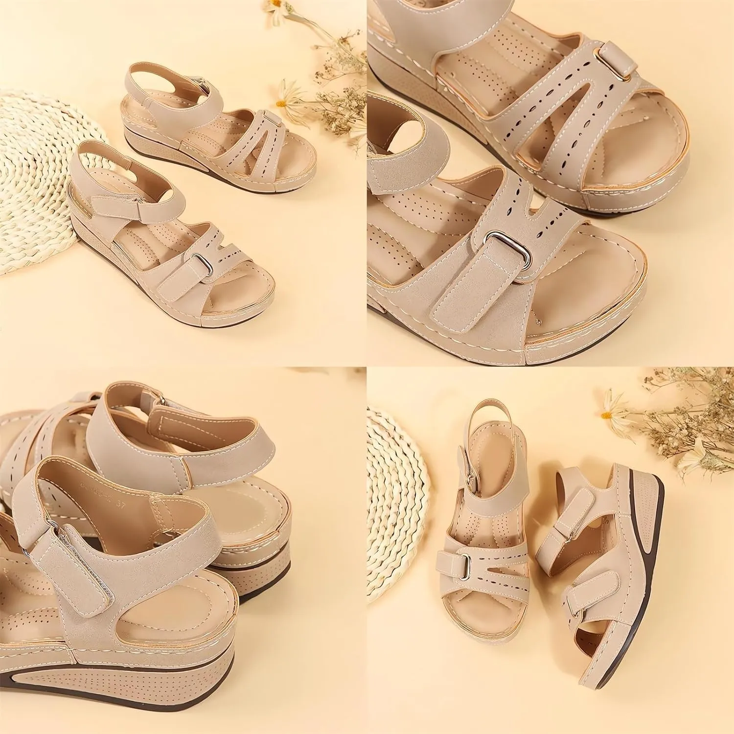 Soft & Stylish Wedge Sandals, 2025 Leather Orthopedic Walking Platform Sandals, Wide Wedge Sandal with Arch Support