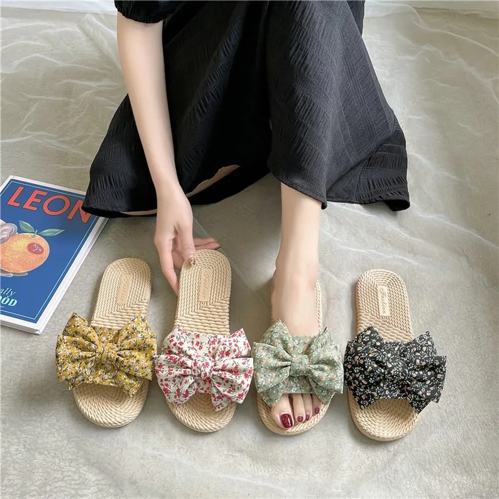 Stylish Sandals for Women Cute Floral Pattern Bowknot Summer Beach Shoes Open Toe Anti-slip Indoor Outdoor Slippers