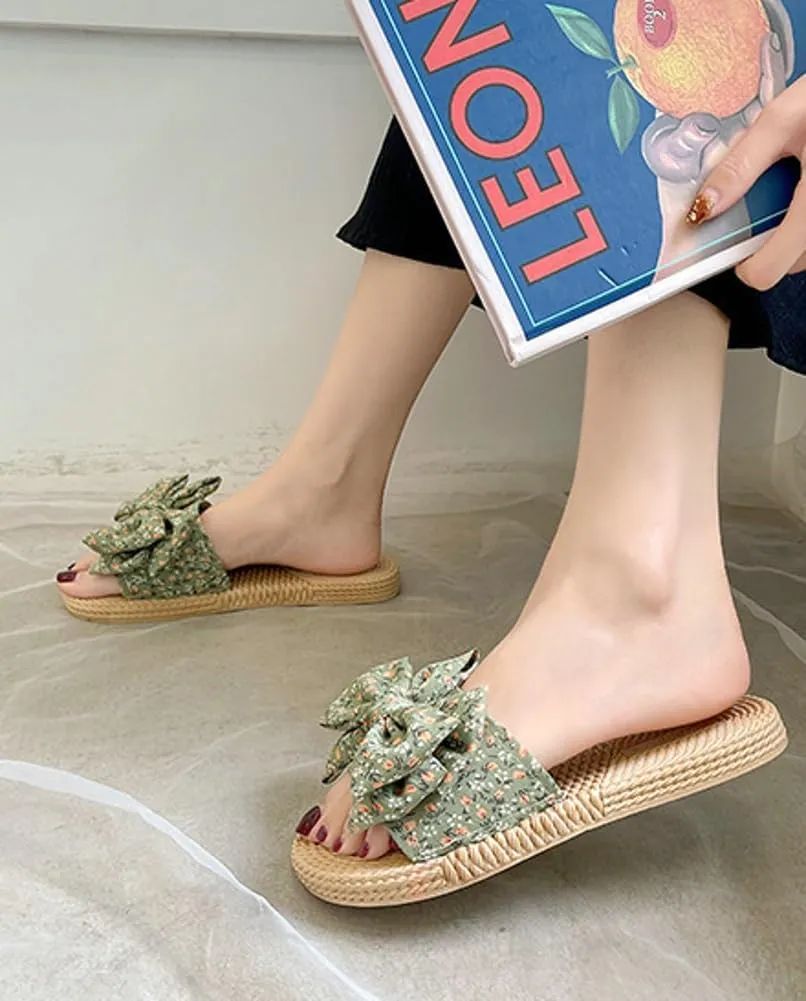 Stylish Sandals for Women Cute Floral Pattern Bowknot Summer Beach Shoes Open Toe Anti-slip Indoor Outdoor Slippers