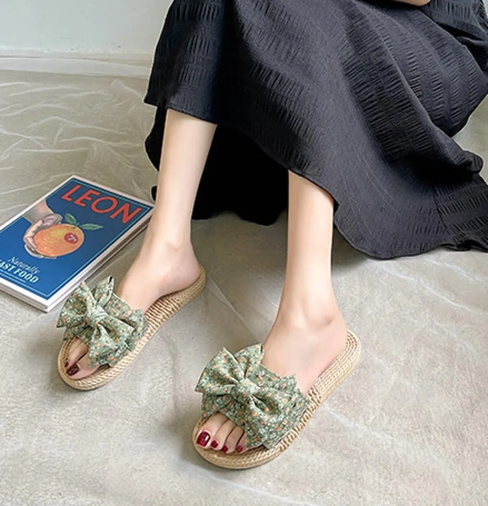 Stylish Sandals for Women Cute Floral Pattern Bowknot Summer Beach Shoes Open Toe Anti-slip Indoor Outdoor Slippers