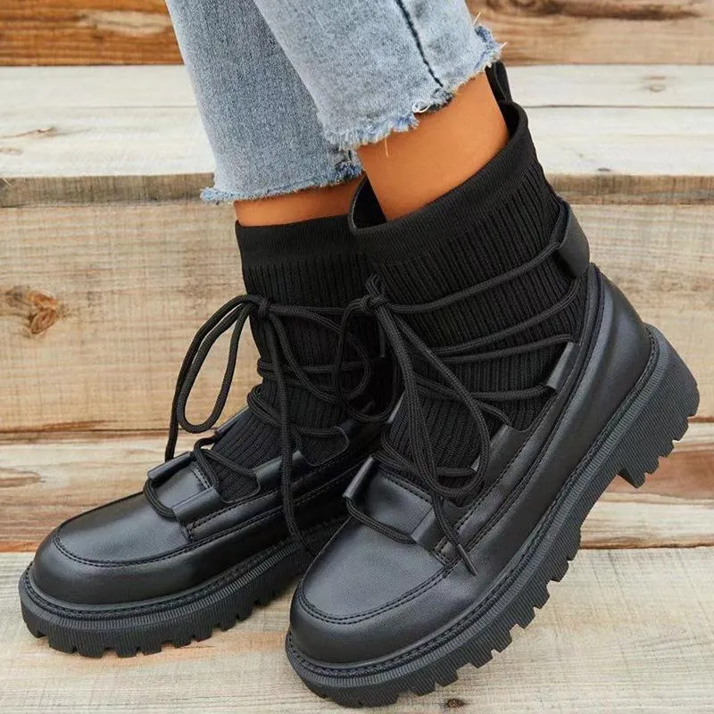 Women's black knit PU patchwork lace-up combat boots