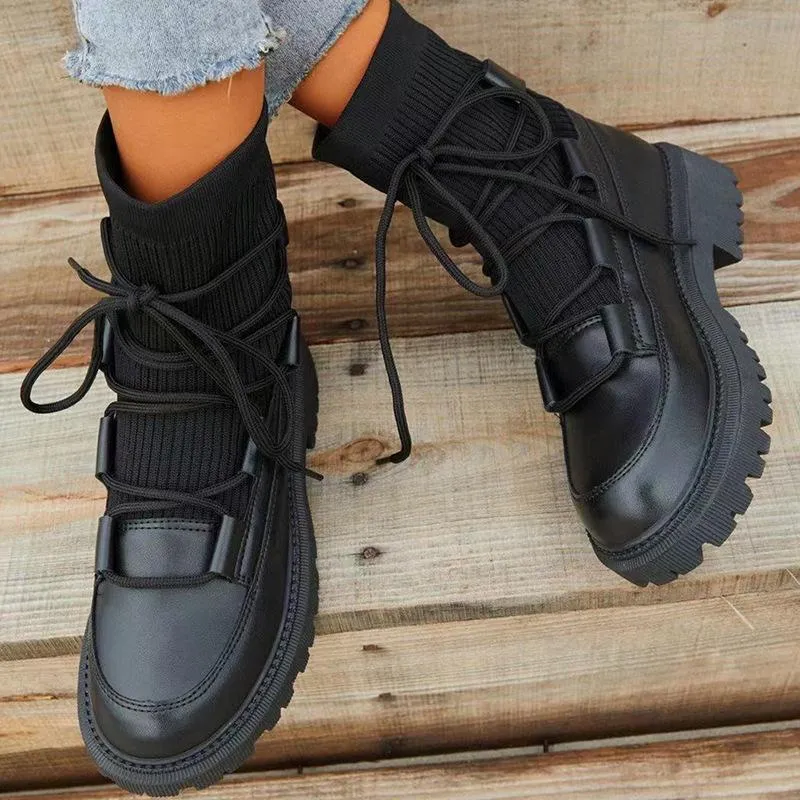 Women's black knit PU patchwork lace-up combat boots
