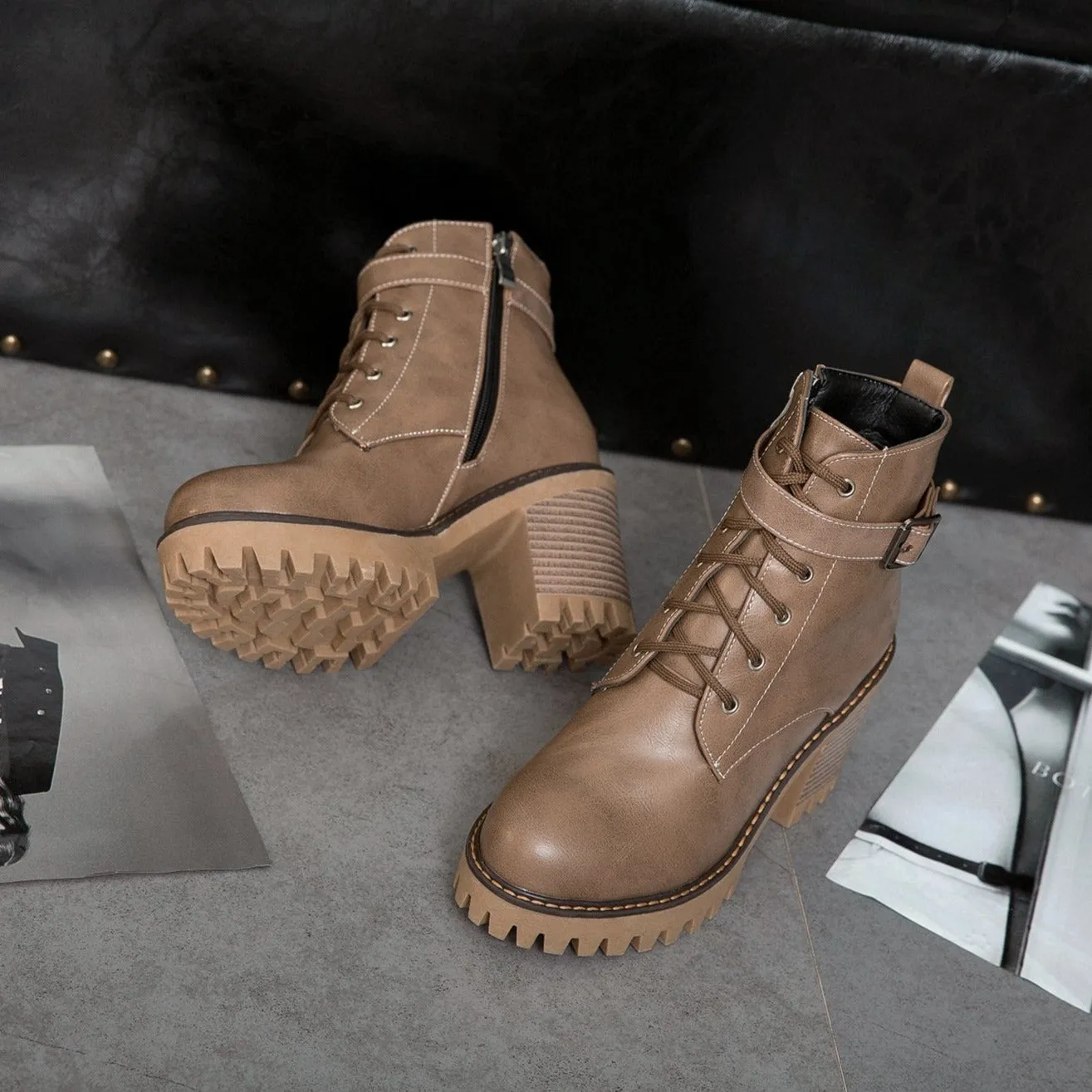 Women's block heel combat boots with side zippers
