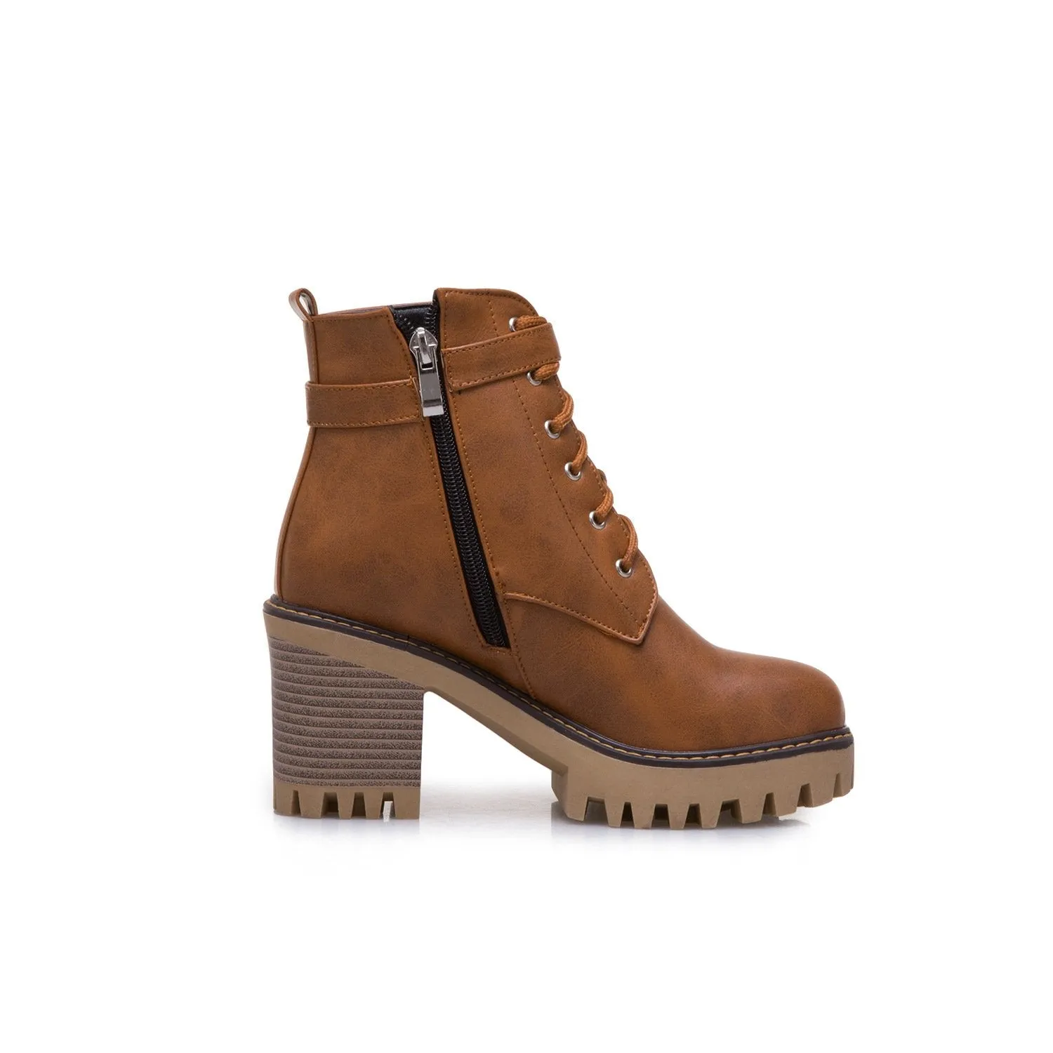 Women's block heel combat boots with side zippers