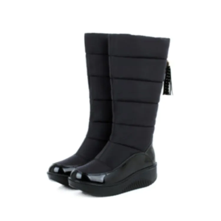 Women's down cloth mid calf snow boots winter warm chunky wedge snow boots