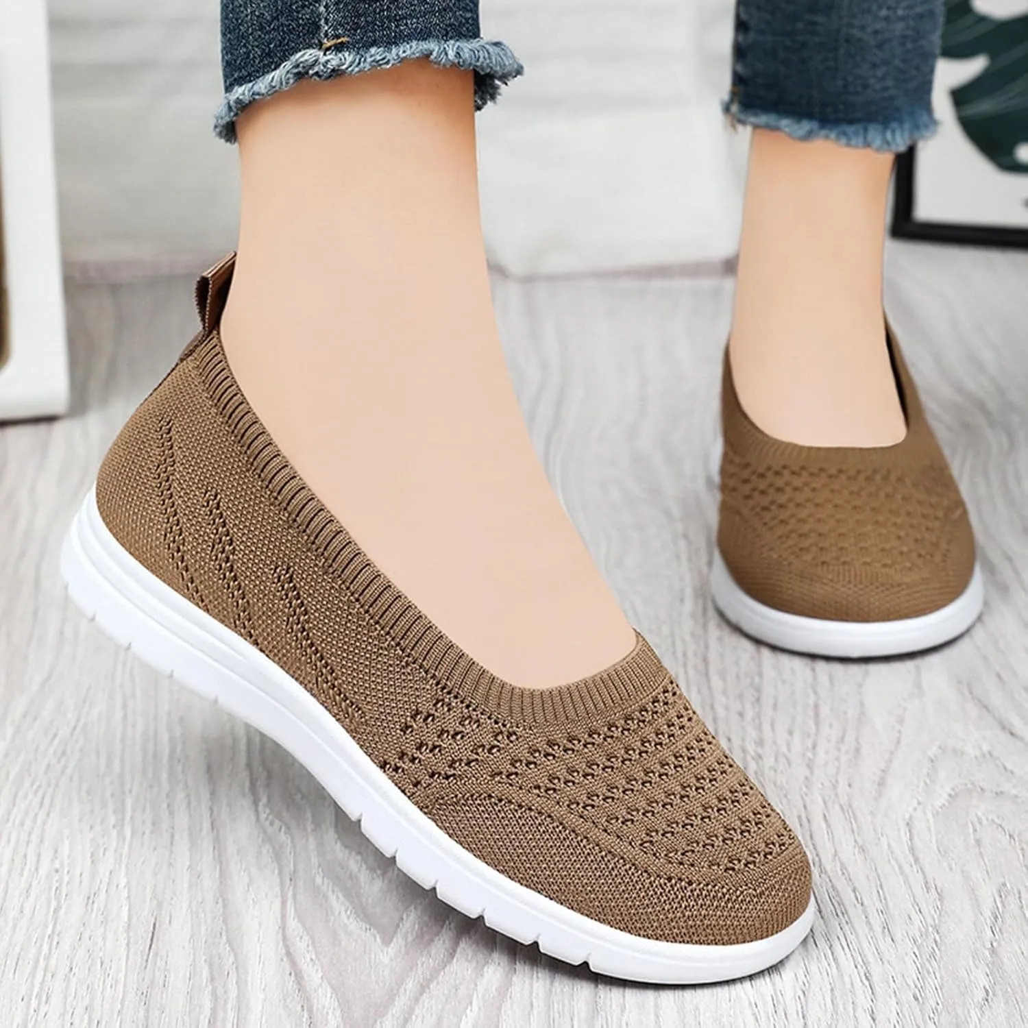 Womens Flats Slip On Go Summer Knit Walking Shoes Breathable Soft Mesh Loafers Athletic Ballet Flats Classic Dress Shoes