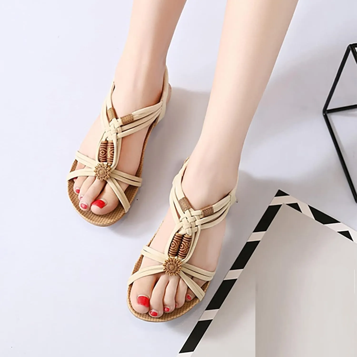 Womens Sandals Retro Slip on Peep Toe Flip Flop Comfortable Large Size Bohemia Summer Beach Flats Shoes
