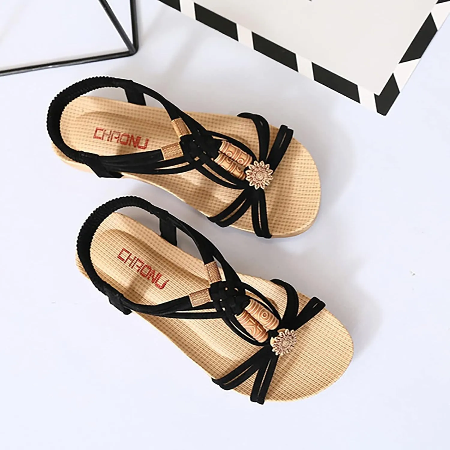 Womens Sandals Retro Slip on Peep Toe Flip Flop Comfortable Large Size Bohemia Summer Beach Flats Shoes