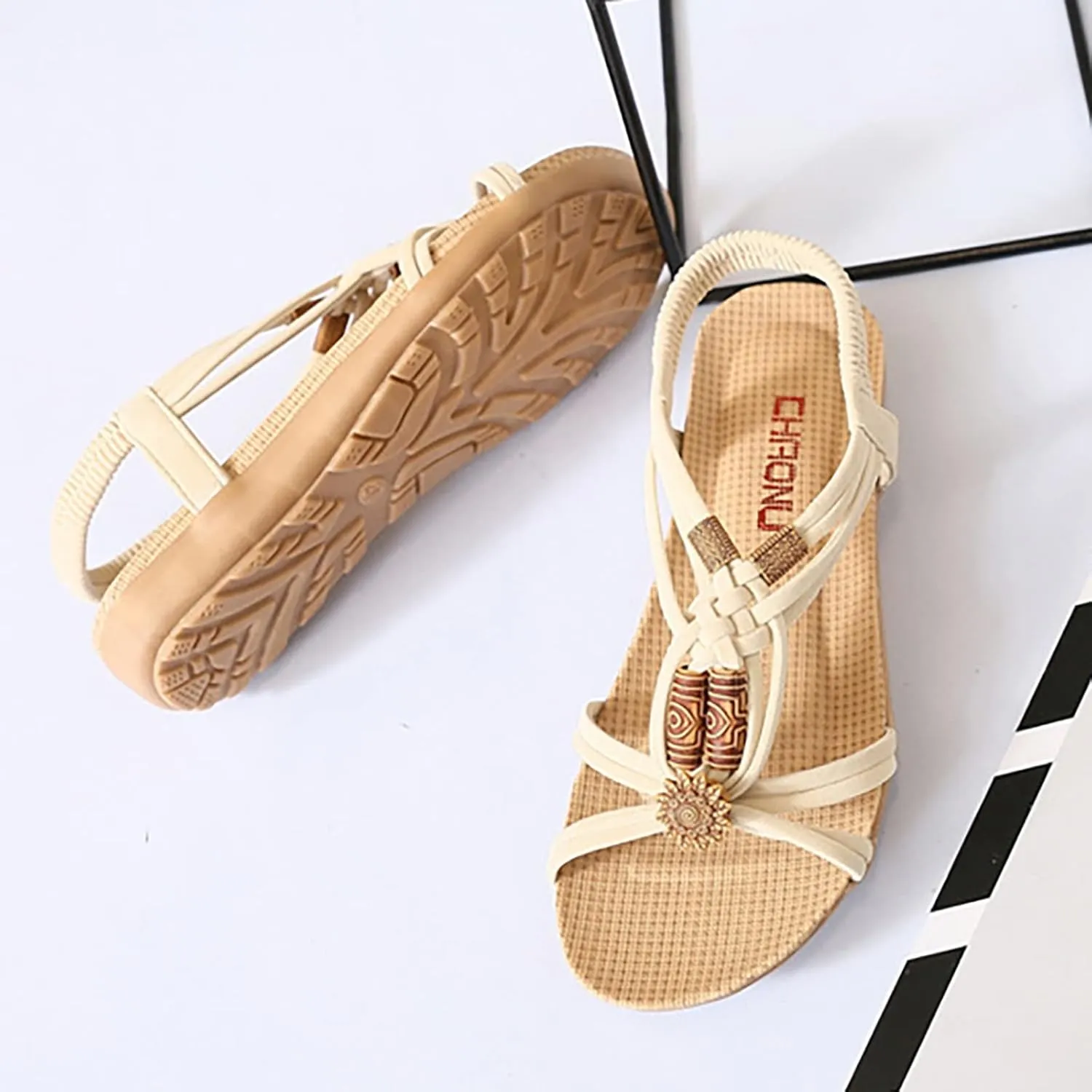 Womens Sandals Retro Slip on Peep Toe Flip Flop Comfortable Large Size Bohemia Summer Beach Flats Shoes