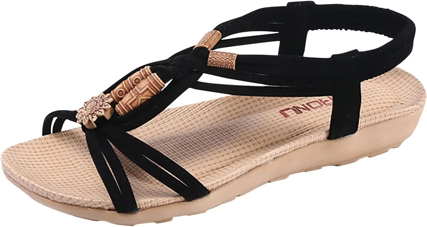Womens Sandals Retro Slip on Peep Toe Flip Flop Comfortable Large Size Bohemia Summer Beach Flats Shoes