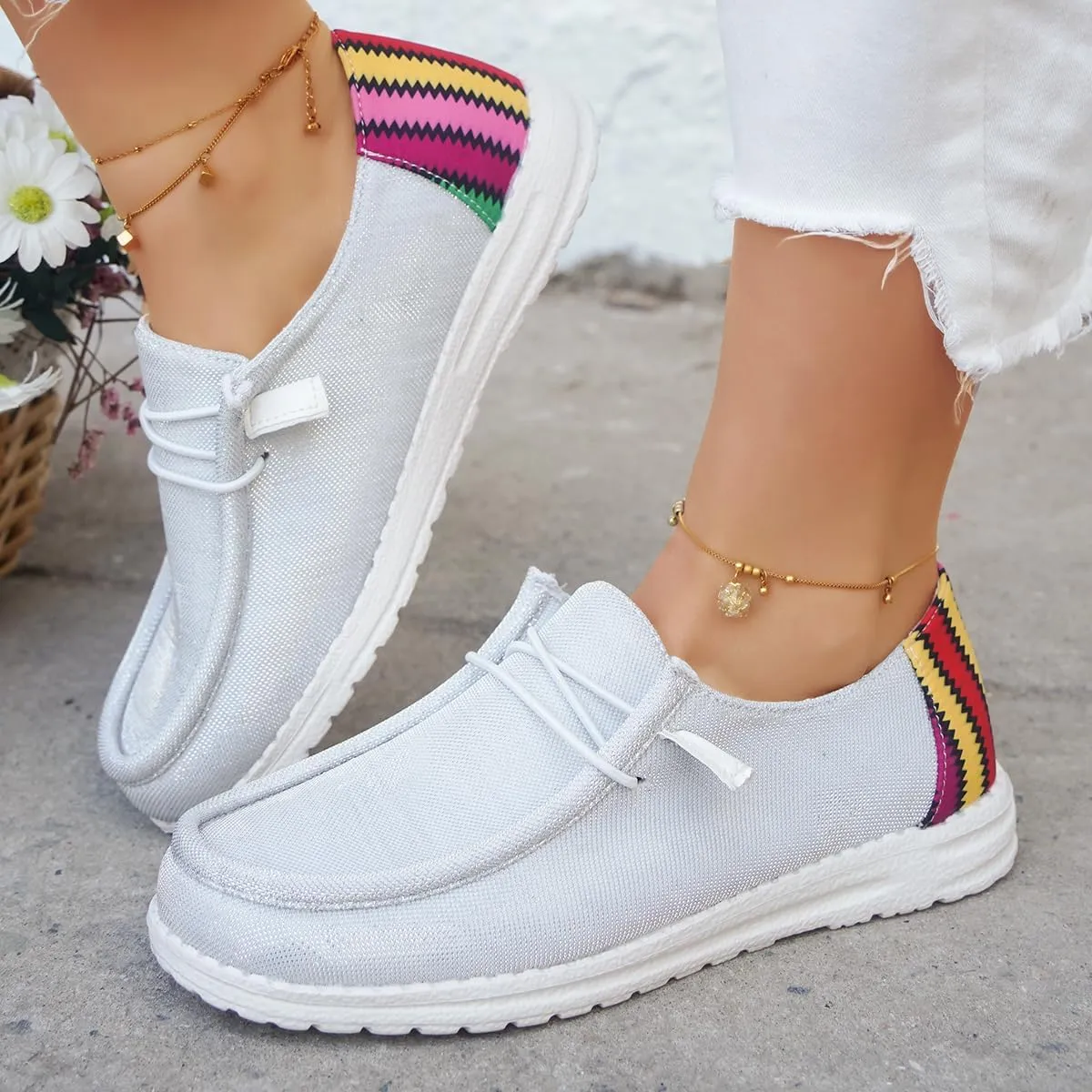 Women's Solid Color Canvas Loafers Lightweight Lace-Up Comfortable Walking Flats