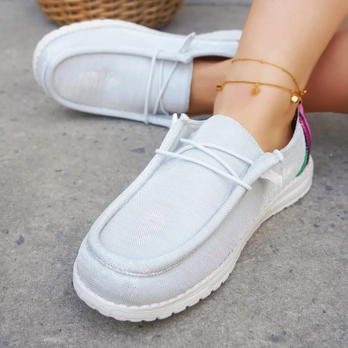 Women's Solid Color Canvas Loafers Lightweight Lace-Up Comfortable Walking Flats