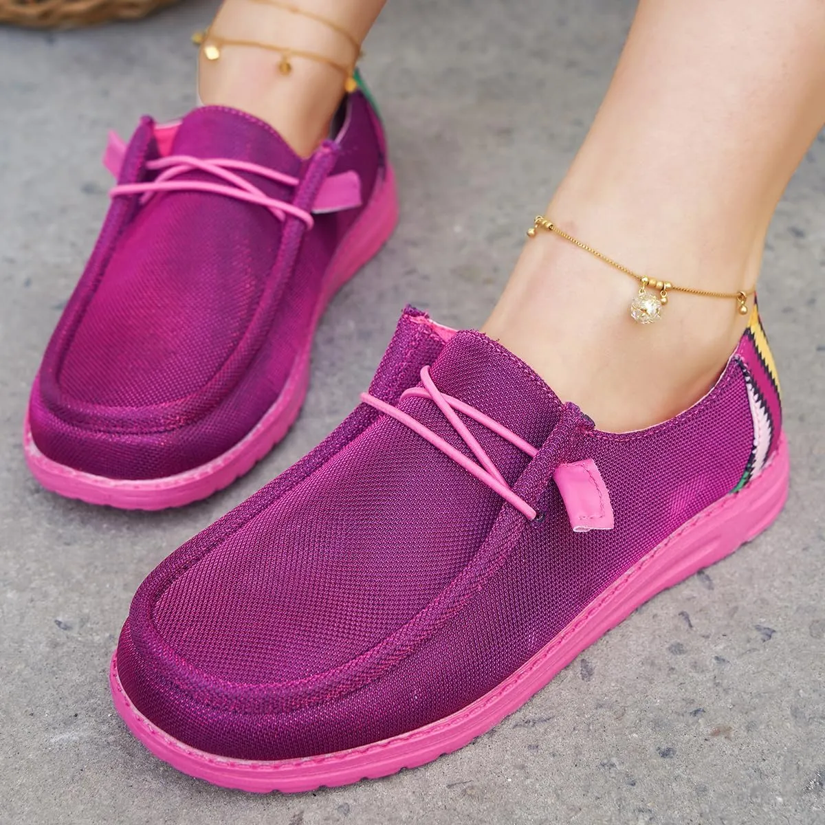 Women's Solid Color Canvas Loafers Lightweight Lace-Up Comfortable Walking Flats